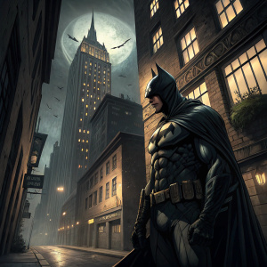 Batman, in Gotham City, standing in front of Wayne Tower. Dark alleyway, classic comic book art style.