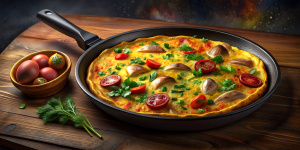 Zoom in on the sizzling skillet as the Spanish Omelet cooks to a golden perfection, capturing the mouthwatering textures and colors that make this dish irresistible.