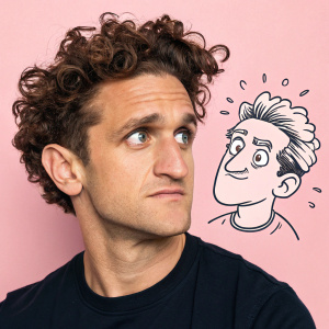 Casey Neistat, blending real-life close-up with cartoon caricature. Curly hair, direct gaze, on pastel pink background.