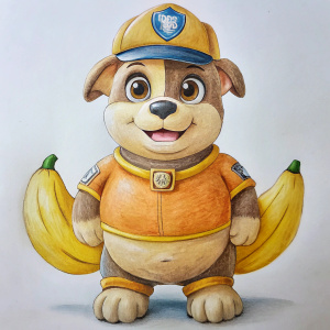 Rubble drawing from Paw Patrol with a banana body, chubby fat