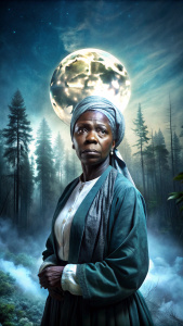 Harriet Tubman's escape from oppression and determination amidst the backdrop of a moonlit forest