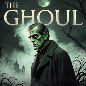 Vintage film poster for 'The Ghoul', Boris Karloff staring with eerie green makeup. Dark, atmospheric background.