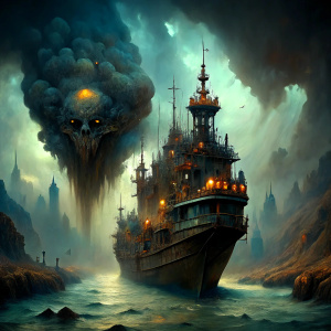 a ship-cruiser in a gloomy style decorated with skulls, sailing along the river Styx