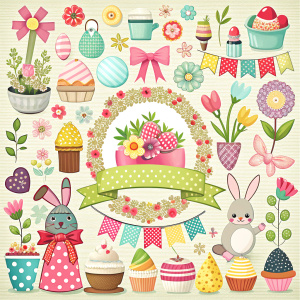 Easter set - labels, ribbons and other elements. Vector illustration.
