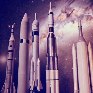 A collage showcasing various rockets including the Saturn V, Delta IV Heavy, Ariane 5, and Proton. Against a cosmic backdrop.