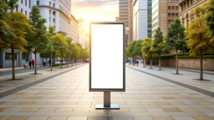 Mockup. Vertical advertising stand in the street. Blank white street billboard poster lightbox stand mock with urban city background