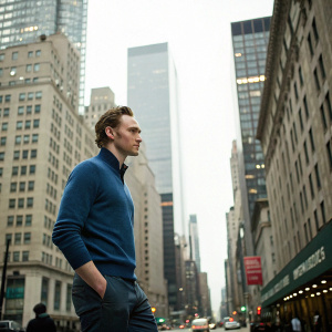 Tom Hiddleston in casual attire, dressed in a blue sweater. On the streets of New York, surrounded by skyscrapers
