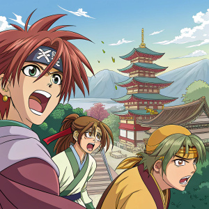Illustration for Saiyuki Reload Blast featuring diverse characters with vibrant expressions and dynamic poses in a colorful Asian-inspired setting.