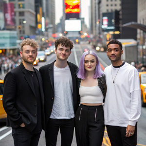Jack Patterson, Luke Patterson, Grace Chatto, and Milan Neil Amin-Smith of Clean Bandit, posing together at a concert. Jack, in a black blazer, Luke in a t-shirt, Grace with purple hair and a black and white top, Milan in a white long-sleeved shirt. They stand against a busy city street backdrop.