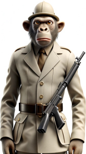 A monkey who wears military clothes and carries a rifle with him