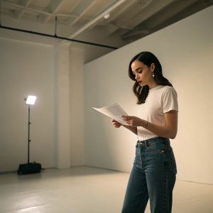 Sofia Carson standing solo in a minimalist studio. Wearing a simple white t-shirt and jeans. Holding a script