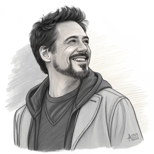 Anish's sketch of Tony Stark. Dressed in casual attire, with a thick beard and a smile.