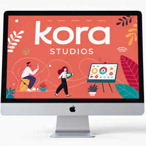 Kora Studios' sleek, vibrant webpage. Features bold typography, playful illustrations, dynamic layout, interactive elements, footer with logo, navigation links, and contact info. Modern, engaging design.