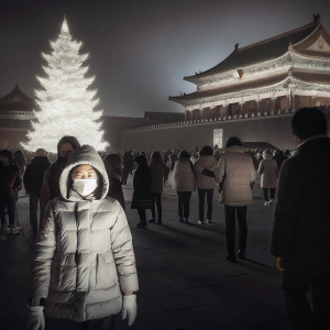 A bustling New Year's Eve celebration in Beijing's Forbidden City. A gigantic illuminated Christmas tree stands tall. The Forbidden City's ancient architecture glows under the night sky. Visitors in thick winter coats, hats, and gloves fill the area, enjoying the festive atmosphere.