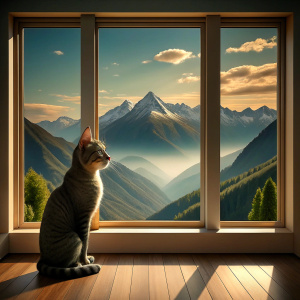 A cat looks at the mountain landscape from the window of the house