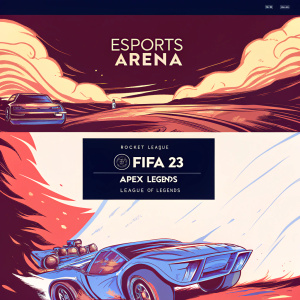 Homepage of Esports Arena, featuring vibrant covers of Rocket League, FIFA 23, Apex Legends, and League of Legends. Portuguese text and logo at top, designed for gamers to navigate and select titles.