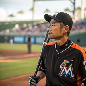 Ichiro Suzuki, serious face, in his full baseball gear. Wearing Miami Marlins jersey with the 'M' logo, cap, and bat. Pitching mound background, blurred crowd. Natural sunlight, outdoor scene.