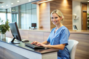 side view of a hospital receptionist in scrubs sitting at the reception desk, hands on keyboard, looking at camera