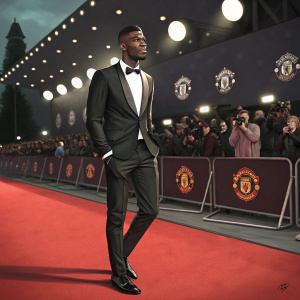 Paul Pogba at the premiere of his documentary. Smart black suit, no background logos. Event lighting and audience visible