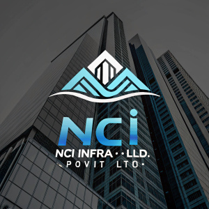 Dynamic visual identity for NCI Infra Pvt Ltd. Modern logo featuring gradient shades of blue and grey on a crisp black background.