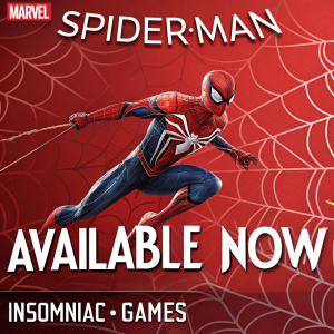 Dynamic promotional poster for Marvel's Spider-Man video game. Features action-packed Spider-Man in a colorful Spider-Verse inspired art style. Vibrant red background with intricate web patterns. Prominent Marvel and Insomniac Games logos. Text reads: 'Available Now'