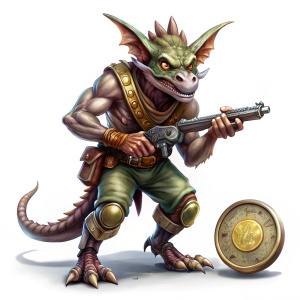 classic evil kobold armed with gun,   round pog  token,   transparent background