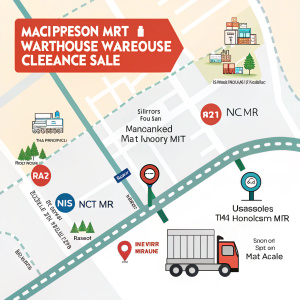 Interactive map for the Unrival Warehouse Clearance Sale. It guides visitors from Macpherson MRT Exit B to the sale area.