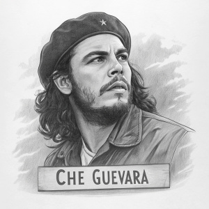 Black and white drawing of Che Guevara. Focus on face. Text in Spanish beneath the image.