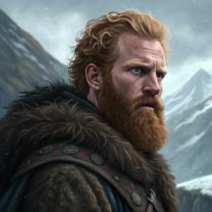 A detailed painting of Tormund. Intense stare. Mountainous backdrop