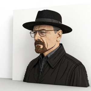 3D pixel art rendering of Walter White from Breaking Bad. Detailed facial features, glasses, and black fedora hat. Against plain white backdrop.