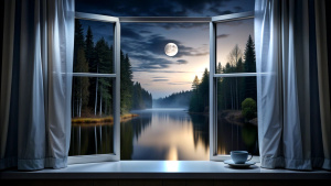 dark night window open curtain, coffee, full moon, still water, forest, dark night, midnight black 