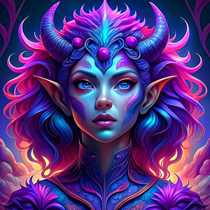 Succubus with gradient hair in purple, lilac, pink colors, with mysterious face