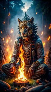 Jaguar head Ancestral shaman,  by the fire, warrior, animal, beautiful drawing, native american style, surrealistic style, night, best quality