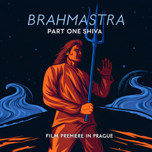 Poster for 'Brahmastra: Part One - Shiva'. A man in dramatic pose against a cosmic background. Film premiere in Prague.