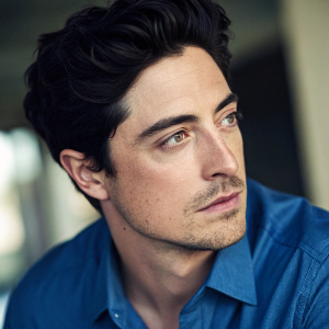 Ben Feldman, serious expression, dark hair, hint of stubble, wearing a blue shirt. Close-up, blurred background, professional portrait, soft lighting.