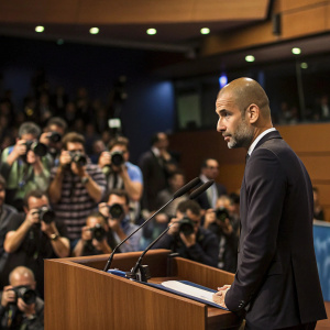 Pep Guardiola, wearing a dark suit, standing at a podium. The background is a packed auditorium with journalists