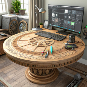 Advanced 3D modeling workspace featuring Autodesk Maya 2017. Round wooden table with intricate design. Array of tools and software interfaces for detailed digital creation.