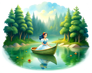 Snow White is boating on the lake in the forest
, white background, sticker
