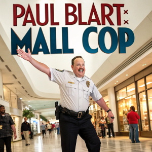 Promotional poster for 'Paul Blart: Mall Cop'. Paul Blart, played by Kevin James, in an energetic pose.