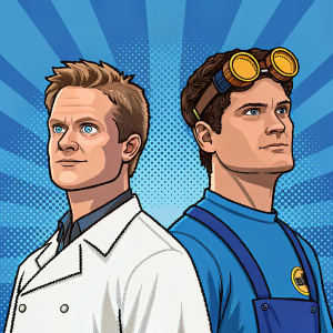 Dr. Horrible and Captain Hammer depicted in a vibrant pixel art style. Each character, Dr. Horrible in a crisp white lab coat and Captain Hammer in his iconic blue shirt, is shown against a bright, digital backdrop