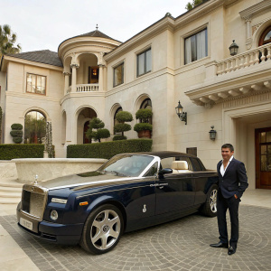 Simon Cowell's high-end possessions highlighted. Photo showcasing Rolls Royce Phantom Drophead Coupe parked in front of his mansion.