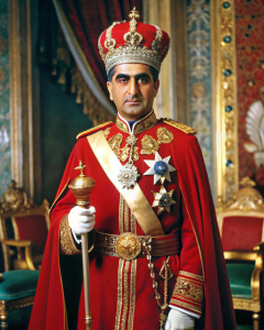 Mohammad Reza Pahlavi, in uniform.  red coronation cloak. Crown on head, scepter. Stands up. Official portrait. In Persian palace. Full shot. Overview