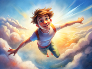 realistic cute slender tanned smiling guy with short hair wearing a jersey and shirt tight shorts is flying in the sky among the clouds with great speed over an old castle, his arms spread wide