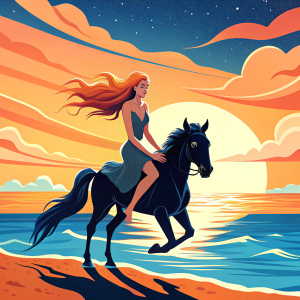una joven cabalgando en la playa el mar sereno y es un atardecer el caballo es de color negro y la joven tiene un vestido al viento