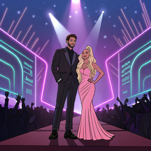 Collins Key and Nikita Dragun at a glamorous award show. Stylized neon backdrop, crowd cheering