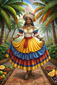 palenquera colombia, vestido bandera de colombia con muchos vuelos, bordado en flores de oro, , sandalias oro, por un camino de ladrillos, al fondo palmas de coco, rodeada de arboles de cacao. frutas de cacao sobre el piso, con una mano sosteniendo un fruto de cacao, la falda bordada en oro, con frutas sobre la cabeza, con frutos de cacao bordados en su flada. una mano al frente, mas cerrada la falda la cara mas real, con tecnica de ilustracion de frank frazetta, mas movimiento en la falda