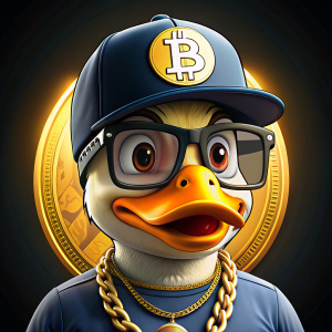 duck, cap, gold chain bitcoin , gangster look, crypto currency, side face image, glasses above the eyes
