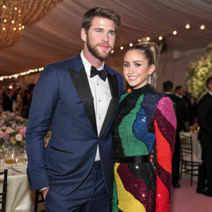 Liam Hemsworth in a tailored navy suit and Miley Cyrus in a striking multicolored dress at a glamorous gala event.