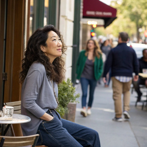 Sandra Oh in a candid shot. Wearing a casual outfit, jeans and a casual top. Outside at a cafe, people walking by