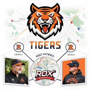 Digital branding poster for the Rox Tigers sports team. Centered logo featuring a menacing tiger. Surrounding the logo are images of the coach, team members, and a map highlighting key locations. Sleek, modern design.